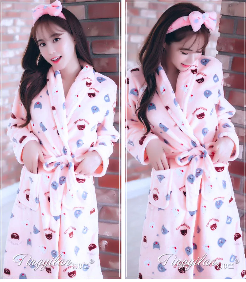 Lady Coral Fleece Bathrobes Women's Winter Flannel Pajamas Adult Men's Winter Warm Sleep Robe Coral Fleece Couples Homwear D2090