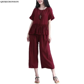 

Summer Women plus size two piece set top and pants o-neck short sleeve pleated top elastic waist Ankle-Length Pants cotton linen