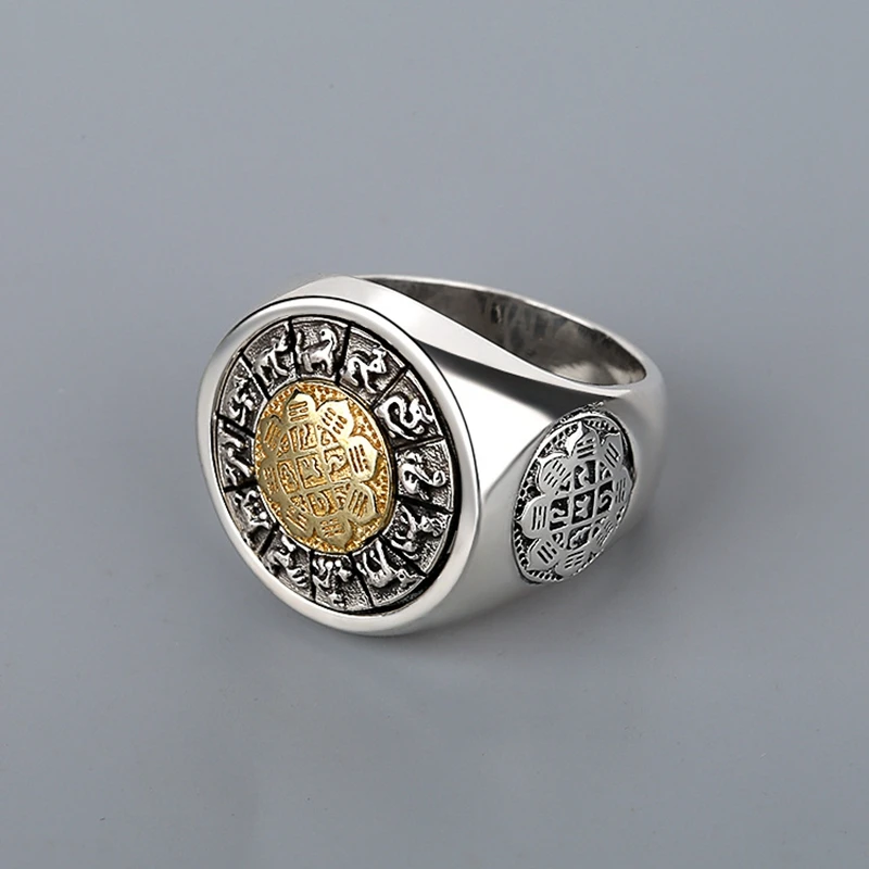 

Retro Compass Chinese Zodiac Carving Wide Face 925 Silver Ring Woman Thai Silver Big Ring Elegant Ladies Jewelry Size 8/9/10/11