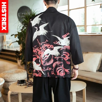 

HISTREX Man Shirt Chinese Style Print 'Japanese Crane" Coats Mens Jacket Summer Kimono Harajuku Hip Hop Hawaii Shirts Plus Size