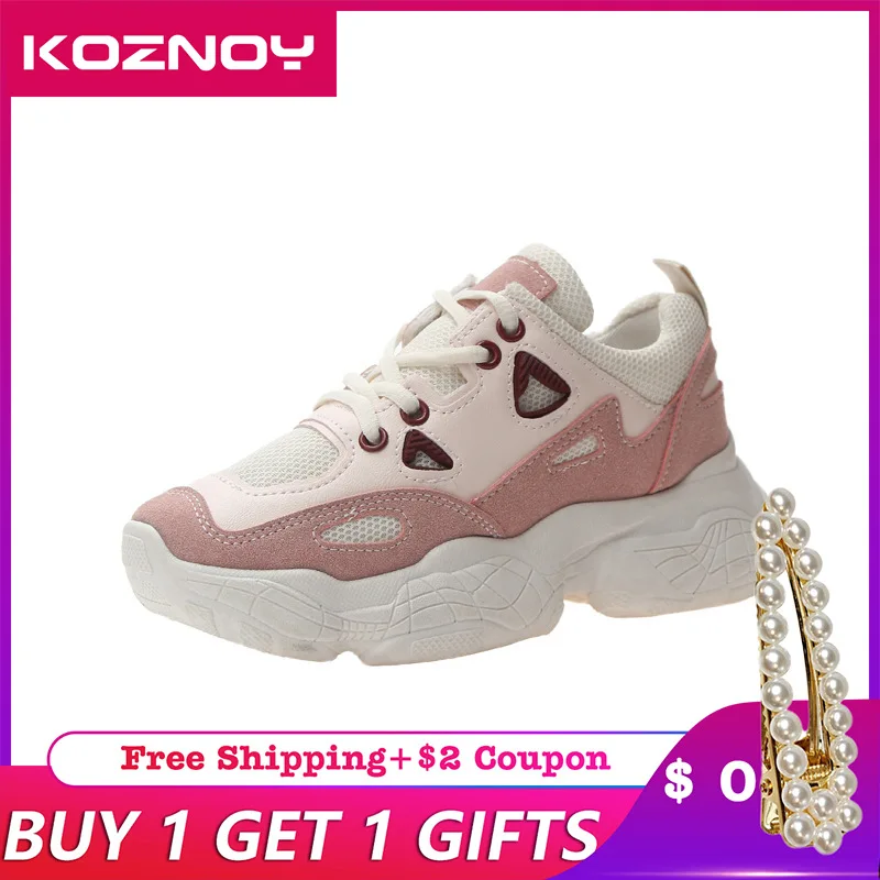 

Koznoy Sneakers Women Spring Autumn Fashion Thick Bottom Dropshipping Breathable Lace Round Toe Low Heel Leisure Women Shoes