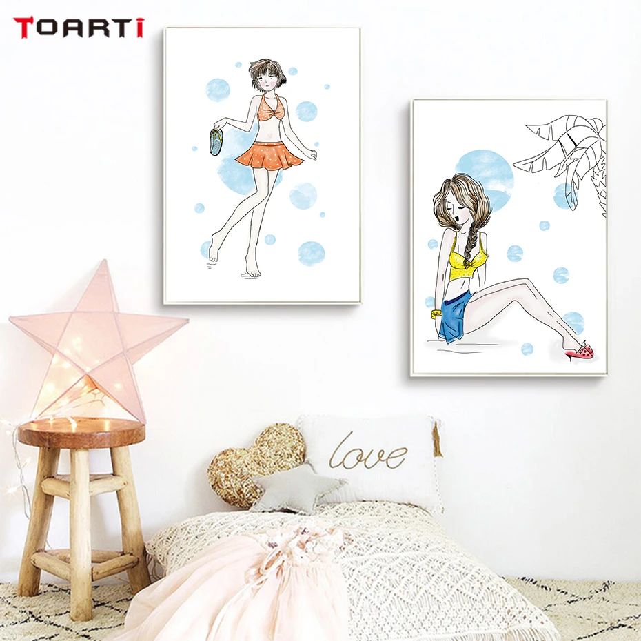 Sweet Girls Swimsuit Show Wall Art Colorful Cartoon Canvas Painting Modern Pictures Vintage Posters&Prints Girls Room Home Decor (3)