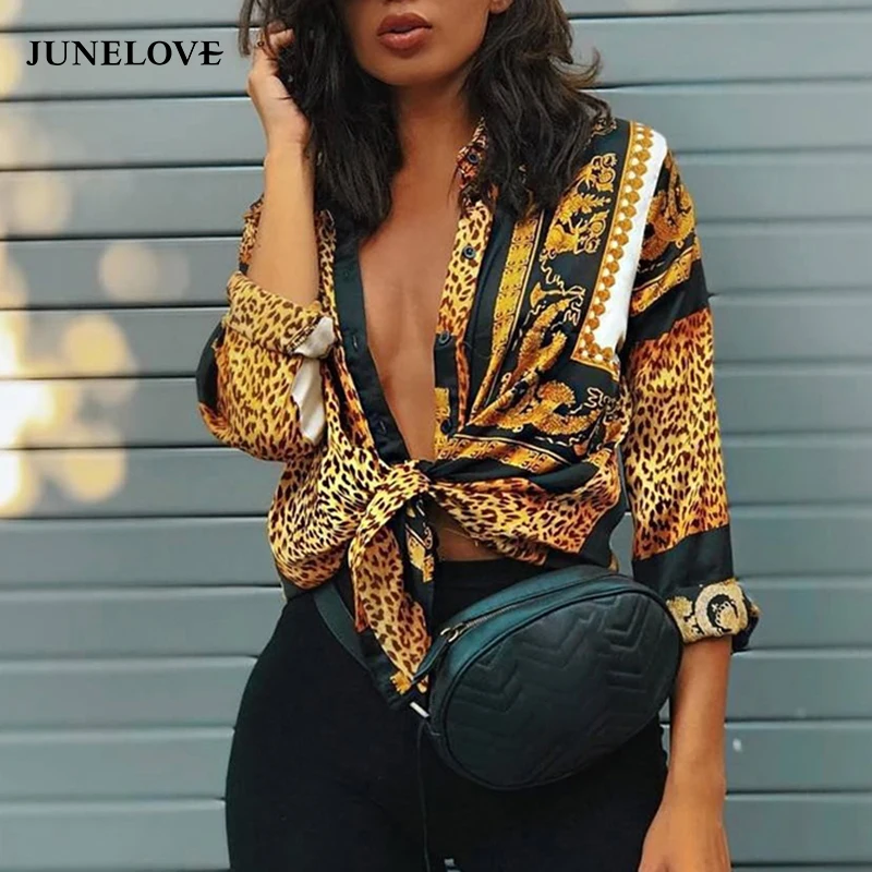 

JuneLove Spring Women Elegant Party Loose Button Shirt Turn-down Collar Female Leopard Print Knot Front Long Sleeve Blouse