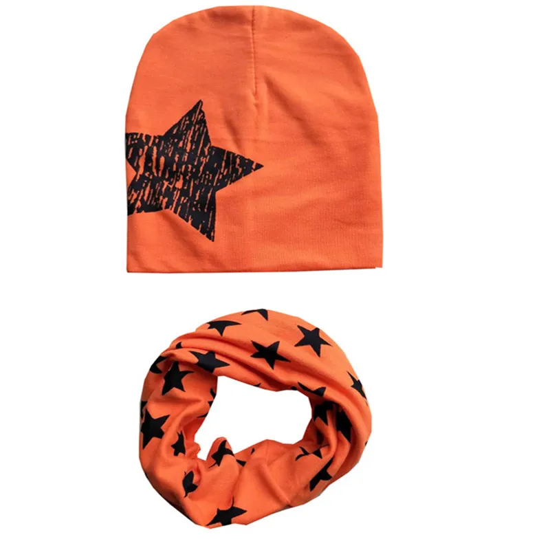 orange one star Осенне-зимний детский комплект с шапочкой для мальчиков и девочек, весенний теплый шейный платок, детские вязаные шапки, комплекты из хлопка, детская шапка, шарф, комплекты из 2 предметов - Цвет: orange one star