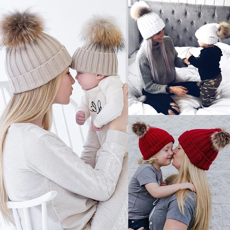 5 цветов, детские зимние меховые шапки для мамы, Детские шапочки, теплые вязаные с помпоном, детская шапка с меховым помпоном, эластичные меховые шапки с помпоном для девочки