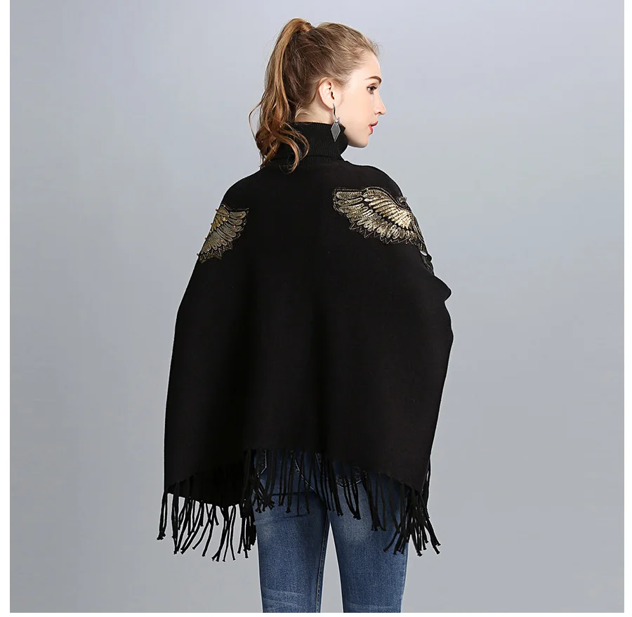 ZDFURS* Autumn Winter Long Knitted Women Eagle Appliqued Sweater Fashion Long Batwing Sleeves High Neck Stole Tassel Poncho