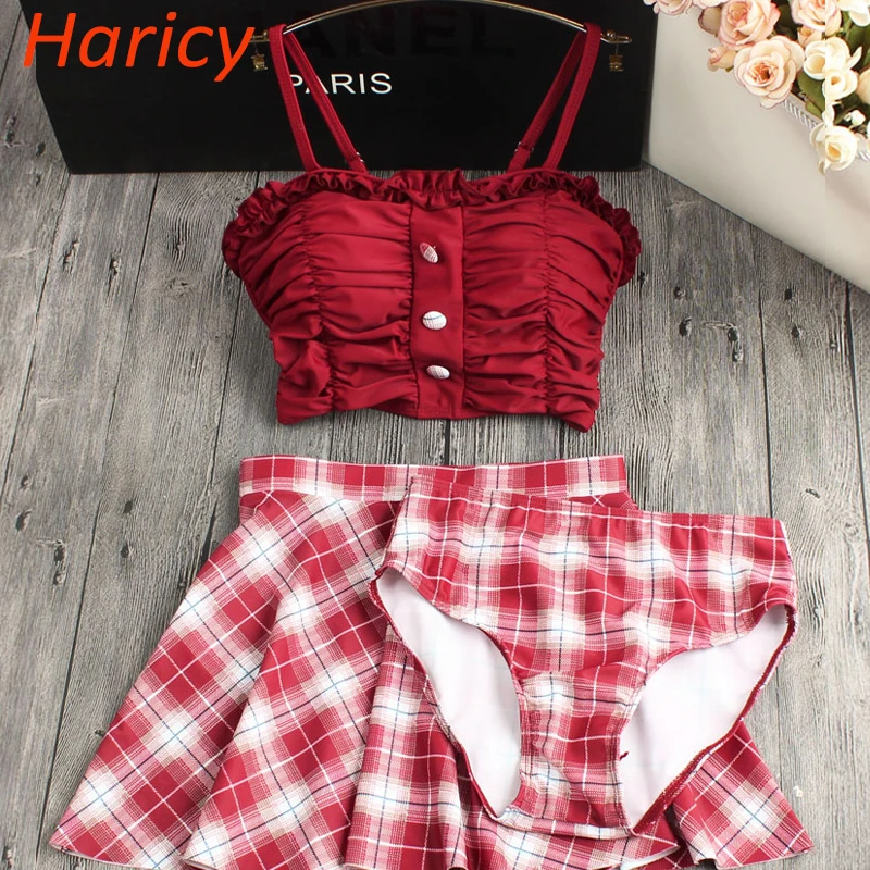 

2019 Bikini Set Red Plaid Swimwear Women Dress Sexy Swimsuit Off Shoulder High Waist Swim Wear Beach Bathing Suits