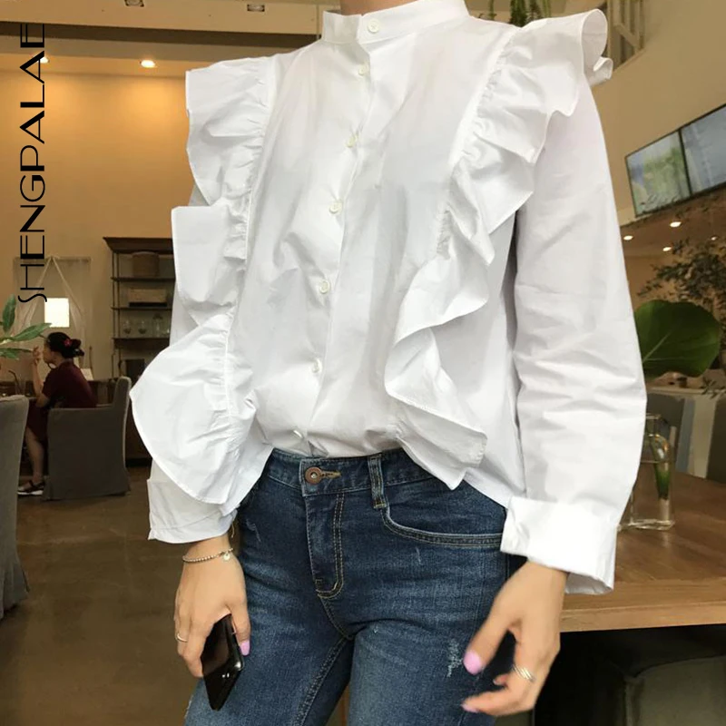 

SHENGPALAE New 2019 Summer Spring Korea Style Women Full Sleeve Patchwork Single Breasted Stand Ruffles Loose Shirt Tide FR301