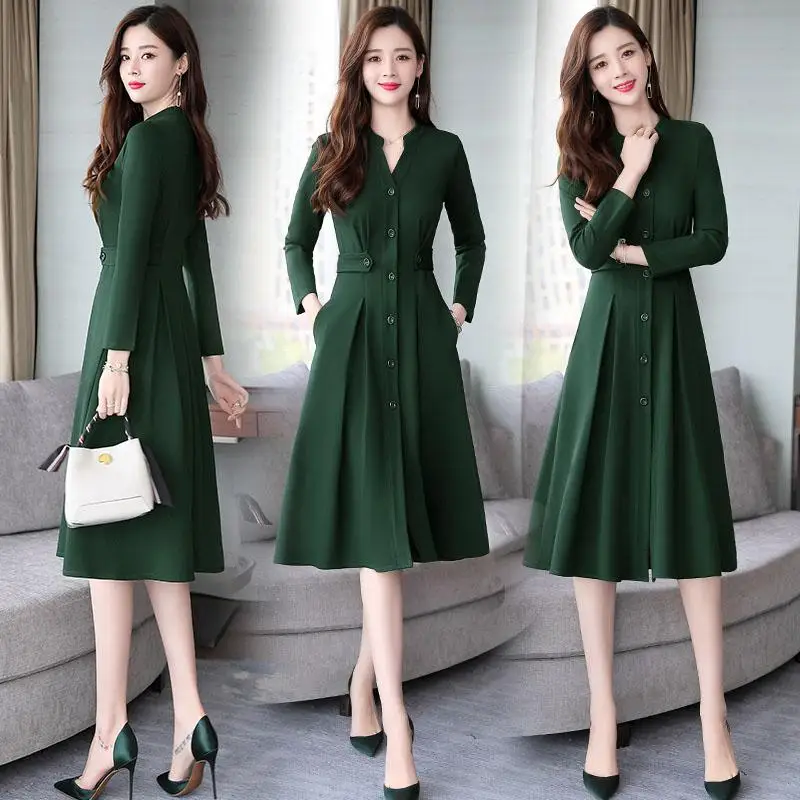 Женское платье трапециевидной формы большого размера, однотонное стильное платье средней длины для офиса, элегантное платье Vestidos - Цвет: Зеленый