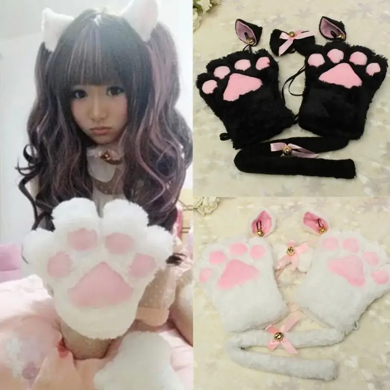 

Kawaii Cute Kitten Cat Ears Neko Maid Gloves Paw Ear Tail Tie Party Plush Paw Claw Anime Cute Cat Ears Gloves Set#15