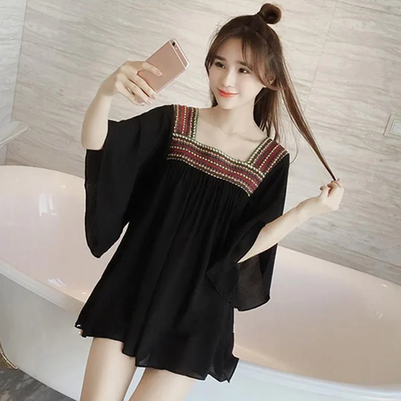 

Ladies Embroidery Blouse Vintage Square Neck Top Women Loose Blouse and Tops