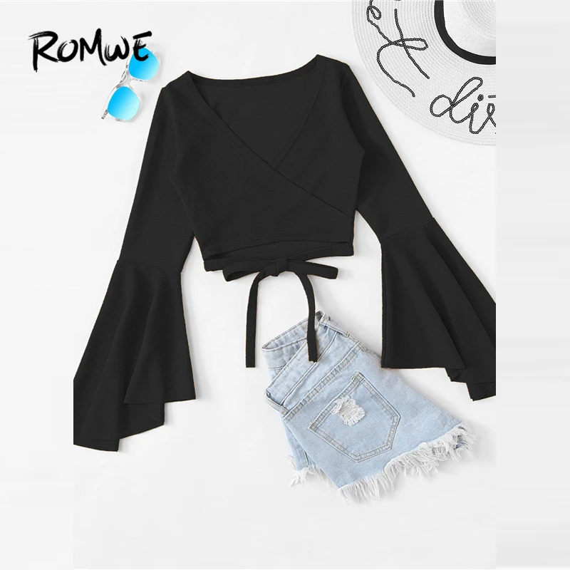 

ROMWE Tie Hem Flounce Sleeve Top 2019 Sexy Spring Autumn Knot Slim Woman Clothes Crop Top Swish Long Sleeve V Neck Shirts