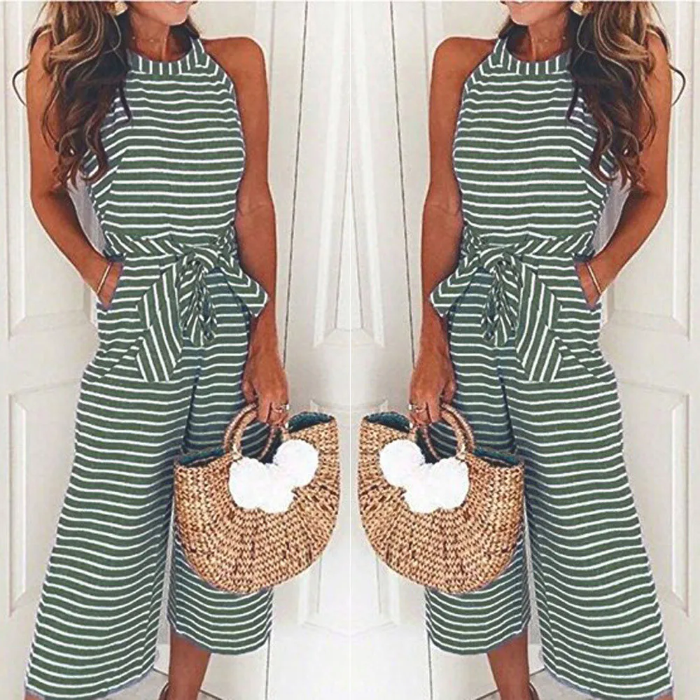 Linen Jumpsuit for women 2018 Striped Bow belt Sleeveless High Waist Long Wide Leg Jumpsuits Fashion Ladies OL Sexy Rompers Jumpsuits and Playsuits