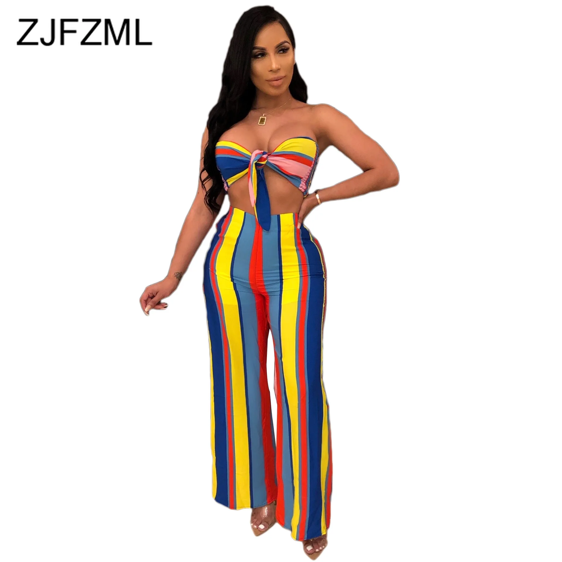 

Colorful Striped 2 Piece Outfits For Women Off The Shoulder Open Back Crop + And Boot Cut Pants Summer Two Piece Set Tracksuit