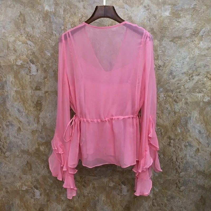 Высококачественная брендовая шелковая блузка Рубашки летние модные розовые фиолетовые блузки женские с v-образным вырезом на талии повседневные топы рубашки