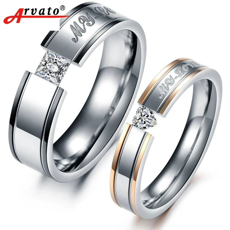 Zircon Titanium Steel Lovers Promise Rings for Couples Wedding
