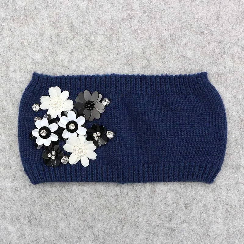 Navy blue GZHILOVINGL качественная зимняя шерсть мягкий дизайнерский ободок Девушки Женщины аксессуары для волос ручной работы цветок эластичный со стразами широкая повязка на голову - Цвет: Navy blue