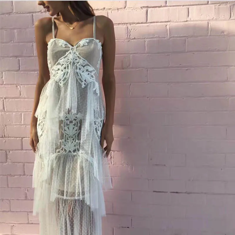 

Bohemian Holiday Beach Maxi Dresses 2018 Women Summer Sexy V-neck Embroidery Lace Mesh Strapless White Dot Long Dress
