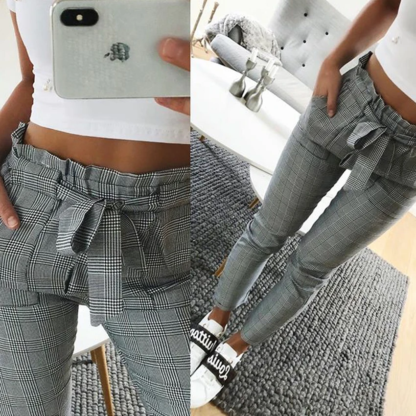 Europe And America New Fashion Spring Vintage Gray Grid Casual Pants Women Pants Trousers Female Streetwear Capris Summer Pants