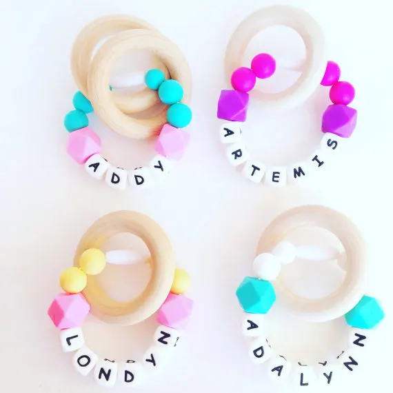YUMUZ Personalized Silicone Bracelet Baby Teething Bracelet Chew Beads Wood Teether For baby Boy