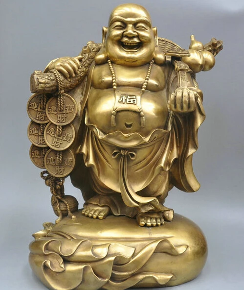

18'' China Happy Monk Buddha Maitreya Carry Coin Golden Bag Bronze Statue R0713
