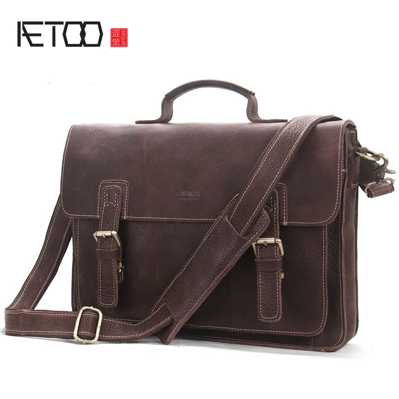 

AETOO Leather shoulder Messenger bag business computer bag retro men portable briefcase