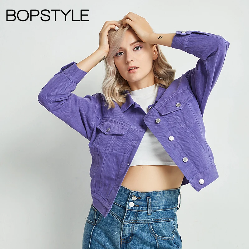 

Fall 2018 New Women Purple/Blue/Pink Solid Color Denim Jacket With Button & Pockets - Ladies Lapel Long Sleeves Jean Jackket Top