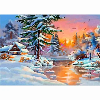 

DIY Diamond Painting Cross Stitch winter sunset landscape round rhinestone mosaic Picture 5D diamond embroidery snow tree icon