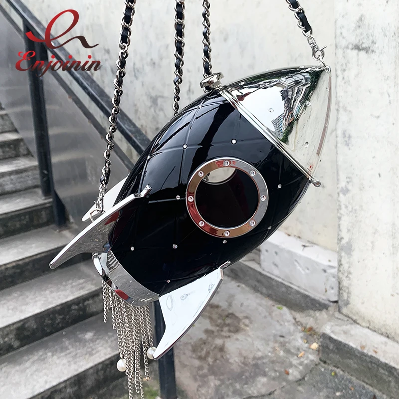  Fashion Rocket Shape Black Acrylic Pearl Tassel Diamond Women Party Clutch Bag Shoulder Bag Crossbo