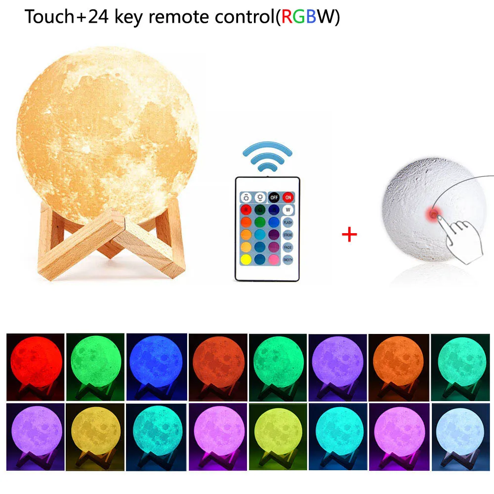 Светодиодный настольный светильник с 3D принтом в виде Луны, USB Chaged Touch/пульт дистанционного управления, светодиодный ночник, 10 уровней, с регулируемой яркостью, с 24 кнопками, RGBW - Цвет абажура: Touch Remote RGBW