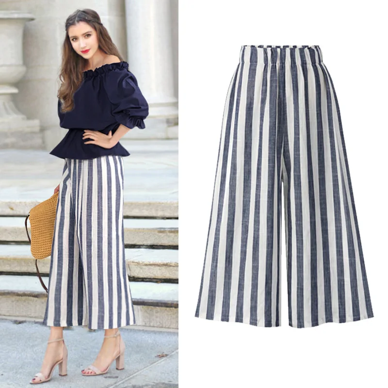 Fashion High Waist Loose Trousers Women Wide Leg Striped Pants 2018 Female Elegant Ankle Length Pants Plus Size 5XL 6XL Pants Fashion High Waist Loose Trousers Women Wide Leg Striped Pants 2018 Female Elegant Ankle Length Pants Plus Size 5XL 6XL Pants
