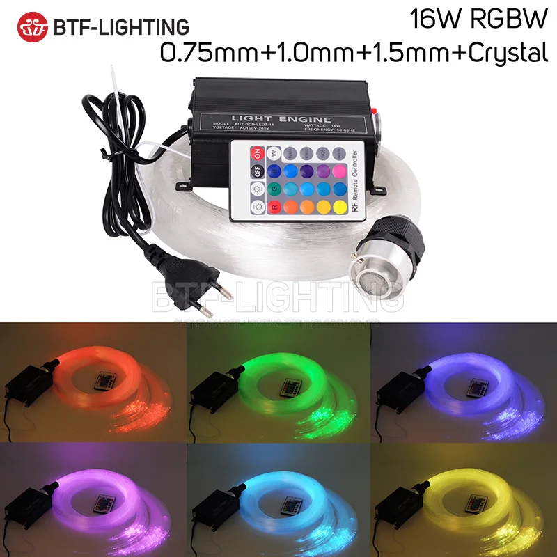 16W RGBW 0.75mm+1.0mm+1.5mm+ crystal Mix LED Fiber optic Star Ceiling Kit lighting+RF 24key Remote engine