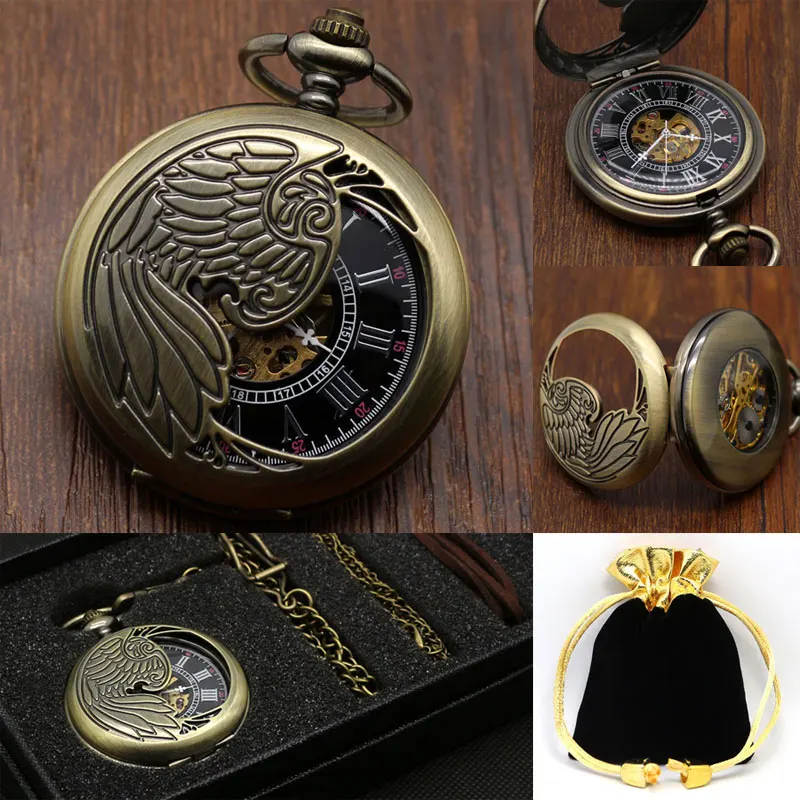 Phoenix Mechanical Pocket Watch Gift Sets Necklace Pendant Retro Bronze