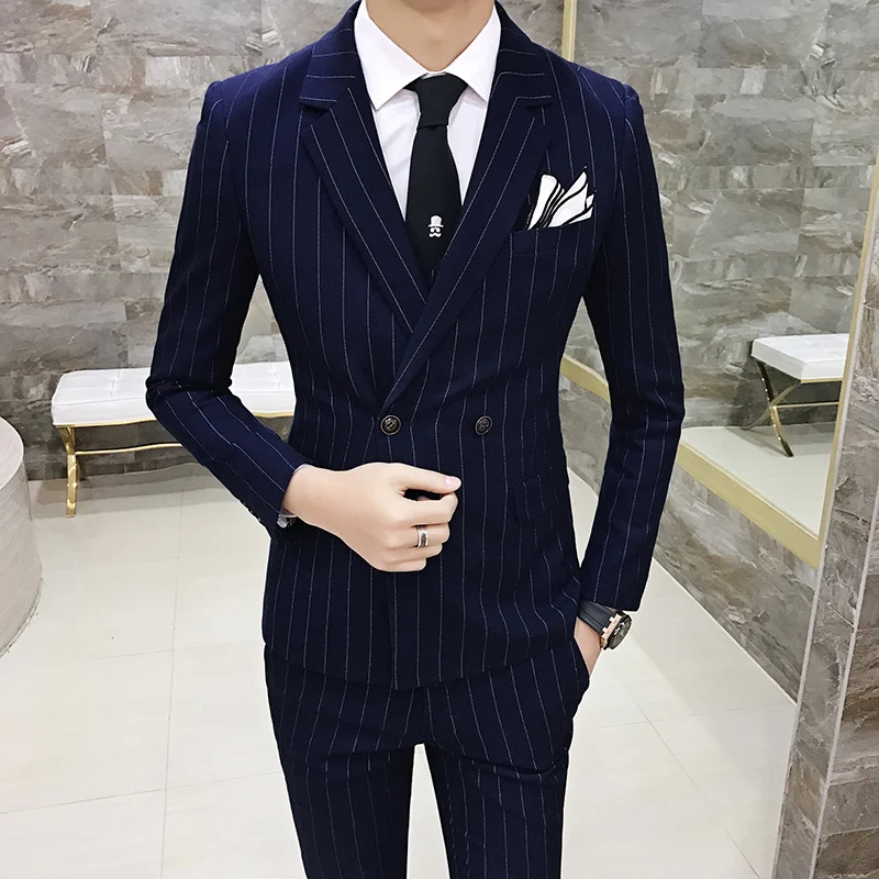 

Formal mens Striped Suit 3 Piece Set (Jacket + Vest + Pants) Double-breasted Men Blazer Coats & Waistcoat and Suit Trousers