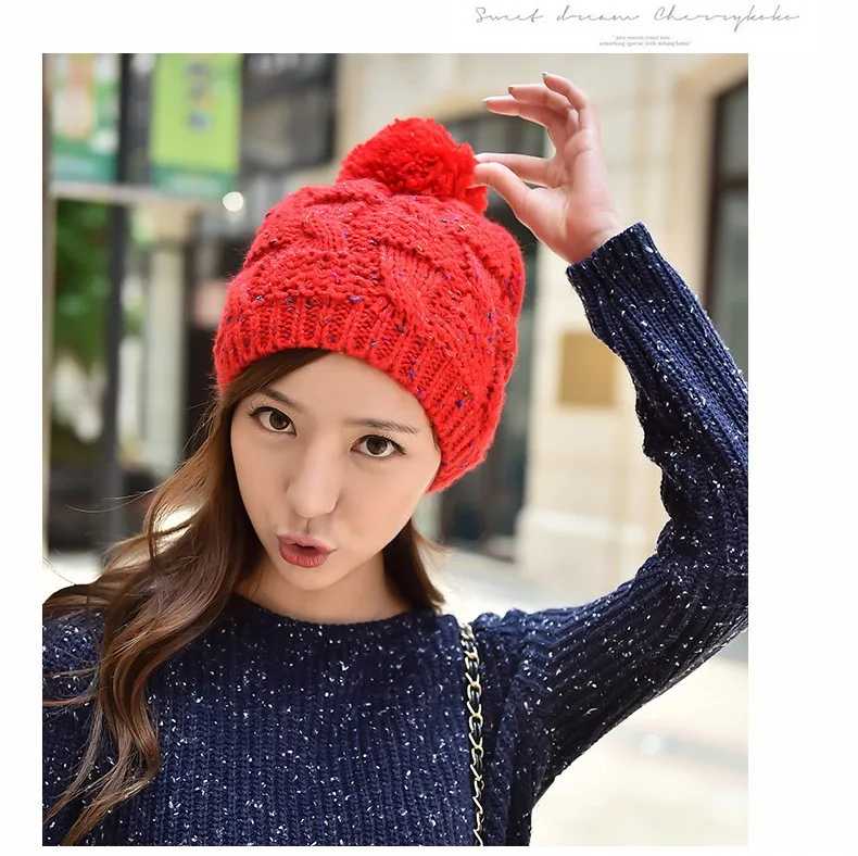 2015 New Autumn and Winter Thick Warm Solid Knit Women Hat Female Cap with lint (3)