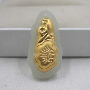 

Fine 3D 24K Yellow Gold &Hetian Jade Pendant RuYi For Women Man 32*16mm New Hot For Women Man