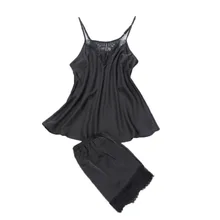 Дизайн женский, черный Шелковый пижамный комплект обувь для девочек пикантные кружевное нижнее белье модный пеньюар Mujer атласные пижамы милый