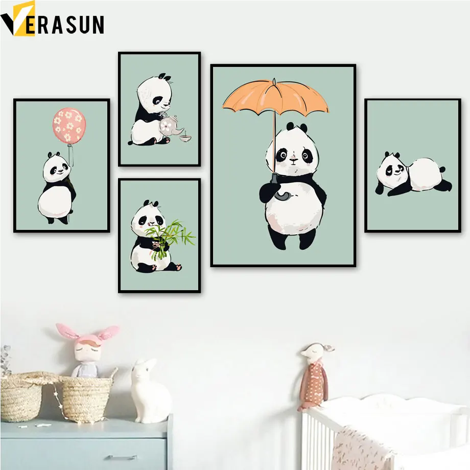 

Watercolor Kawaii Panda Bamboo Leaf Wall Art Canvas Painting Nordic Posters And Prints Wall Pictures Kids Baby Girl Room Decor