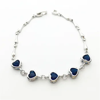 

Hot Sale Valentine's Gift Shiny Montana Blue CZ Zircon Crystal Heart Shaped Real Sterling Silver Woman Girl Bracelet Jewelry