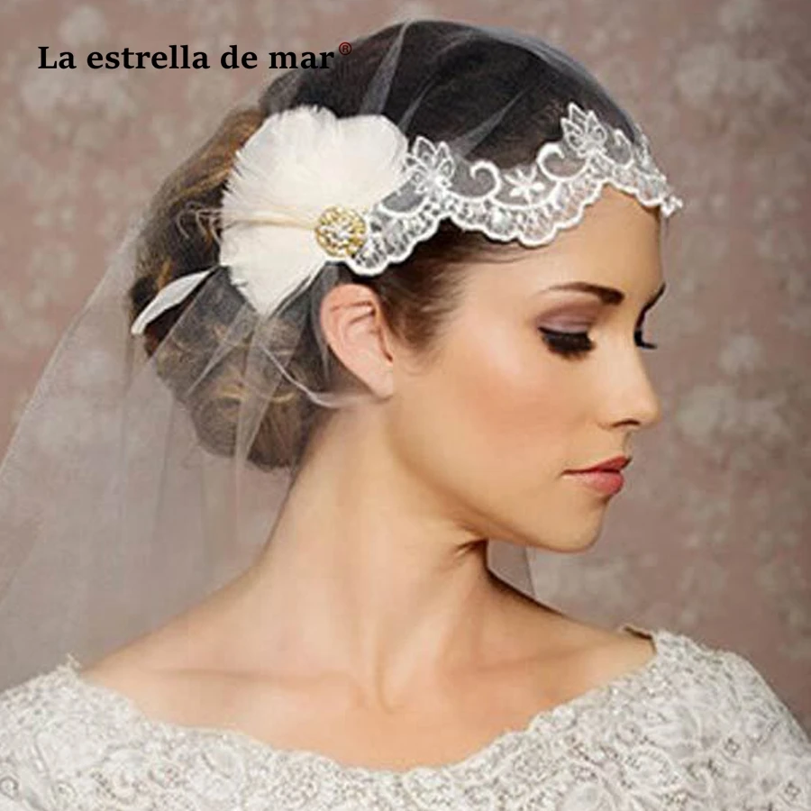 

Chapeau mariage2018 new white feather crystal lace bridal hat with veil bridal accessories wholesale wedding accessories