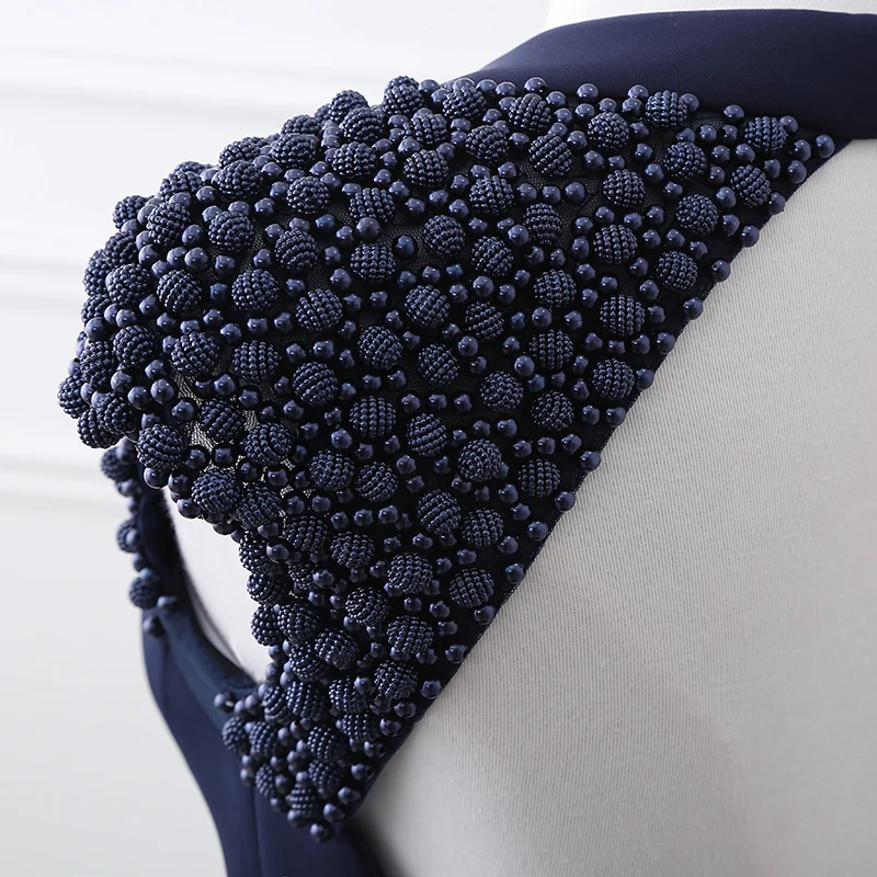 Sexy 2018 Evening Gown for Women V Neckline Open Back Mermaid Evening Dresses Long Blue Satin Beaded