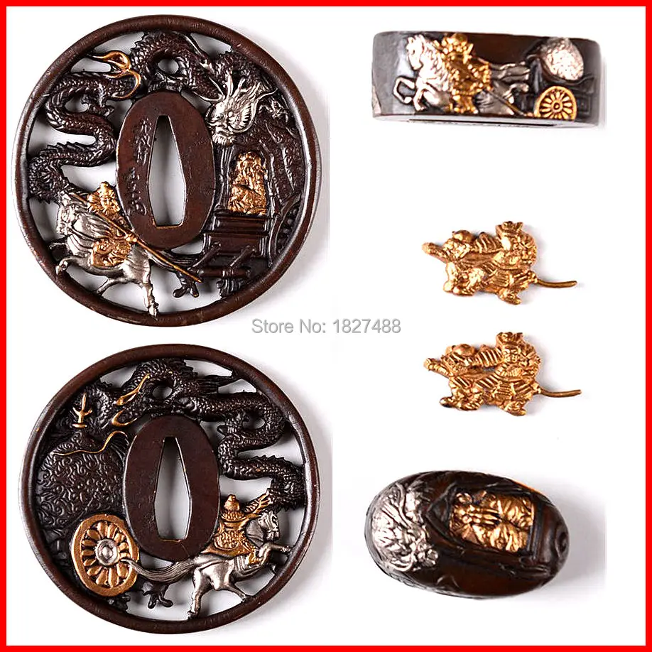 

A Set of High Quallty Brass Sword Accessories for Japanese Samurai Sword Katana Metal Craft Tsuba Menuki Fuchi Kashira Fittings