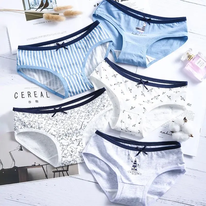

5Pcs/Set Women Teenage Girls Mid-Rise Cotton Triangle Underwear Harajuku Lovely Colored Crab Whale Animal Printed Briefs Bowknot