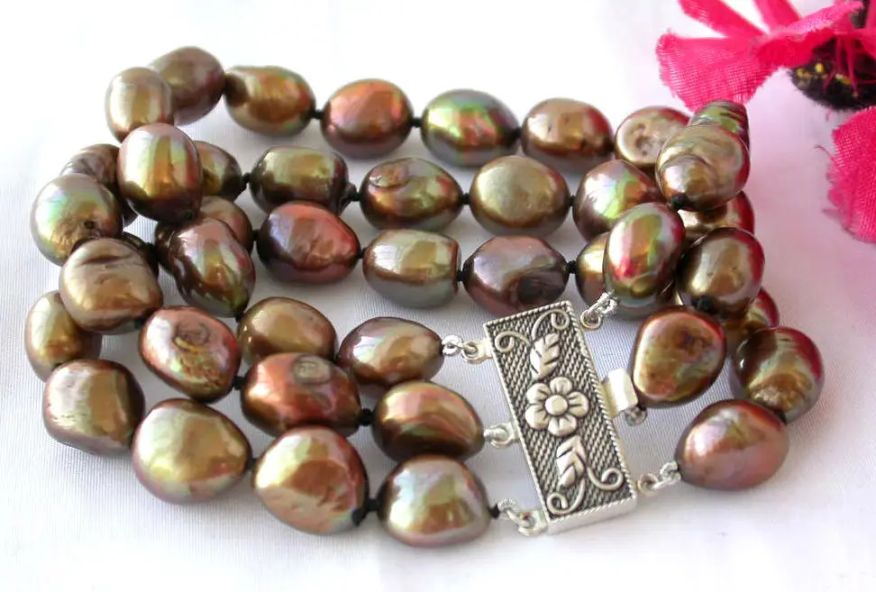 

z2369 3row 8" 13mm nature baroque coffee freshwater pearl bracelet e SHIPPING 5.25