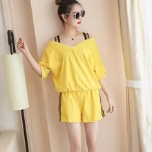 Women 2019 Fashion 2 Piece Set Cold Shoulder Top and Strip Side Shorts Set Ladies Short Sleeve Loose Sets Outfits ensemble femme
