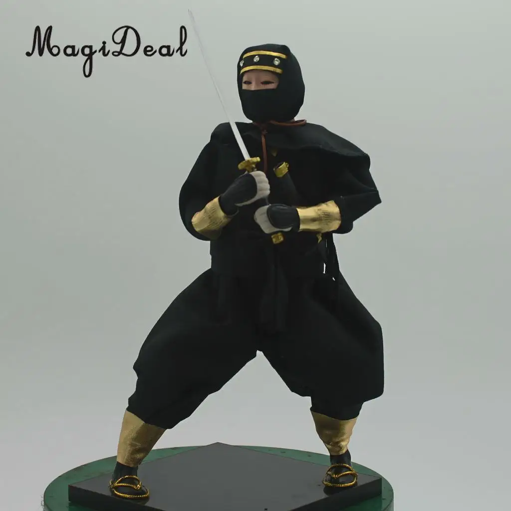 12inch Vintage Japanese Ninja Samurai Doll Figure in Black Clothes Home Decoration
