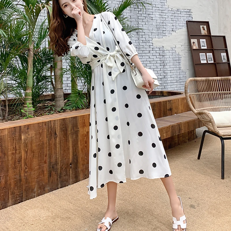 SuperAen летнее женское платье корейский стиль Мода v-образным вырезом дамы длинное платье Повседневное Половина рукава платье в горошек