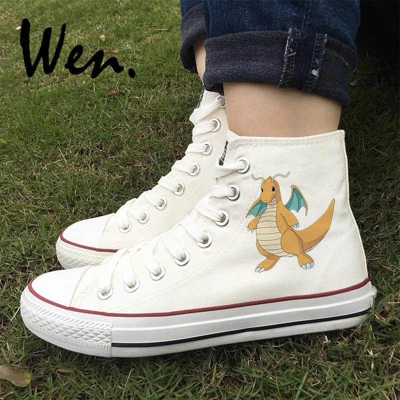 

Wen Black White Athletic Shoes Anime Pokemon Dragonite Design Unisex High Top Canvas Sneakers for Men Women Lace up Plimsolls