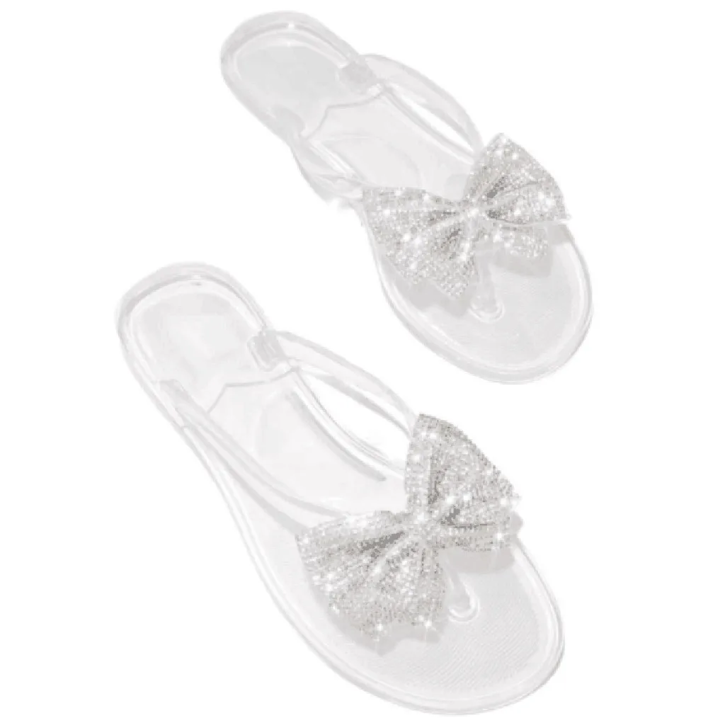 

Women bow butterfly knot sandals Clear herringbone slipper Flip-Flops Flash Drilling Sandals Beach Flats Rain Jelly Shoes