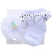 Повседневный модный набор носков из 2 предметов для маленьких девочек, милые кружевные Нескользящие хлопковые носки-тапочки с бантиком и повязка на голову